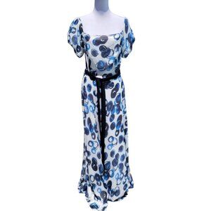 Favori Size 8 (EU 40) White with Blue Abstract Pattern Maxi Dress, NEW with Tag